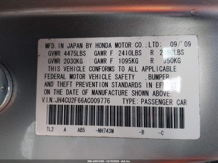 2010 Acura Tsx 2.4 VIN: JH4CU2F66AC009776 Lot: 43974165