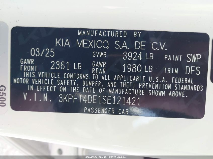 2025 Kia K4 Lxs VIN: 3KPFT4DE1SE121421 Lot: 43974166