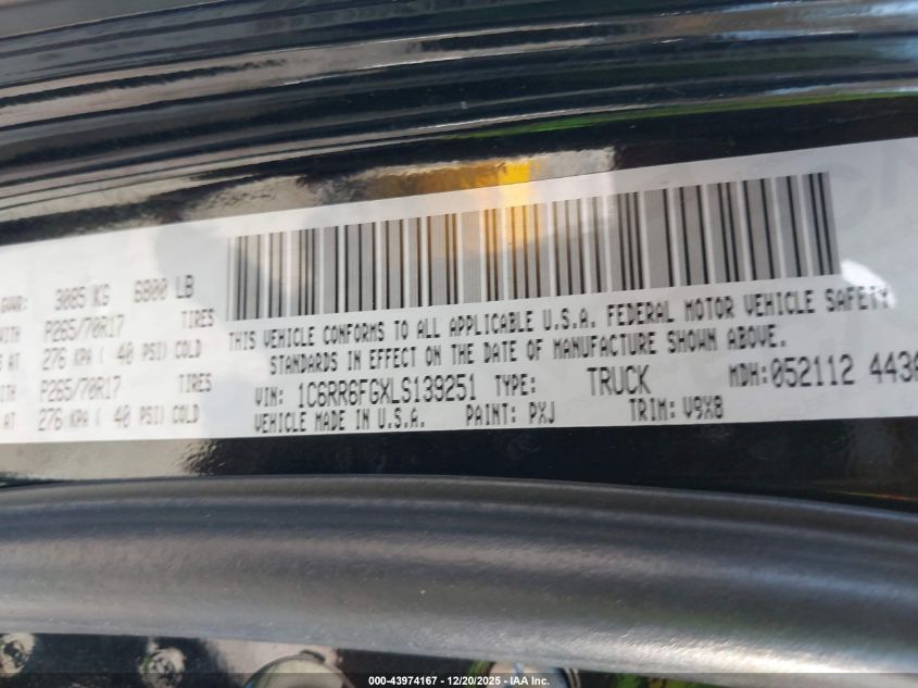 2020 Ram 1500 Classic Tradesman 4X2 6'4 Box VIN: 1C6RR6FGXLS139251 Lot: 43974167