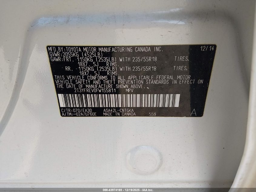 2015 Toyota Rav4 Limited VIN: 2T3YFREV0FW155811 Lot: 43974169