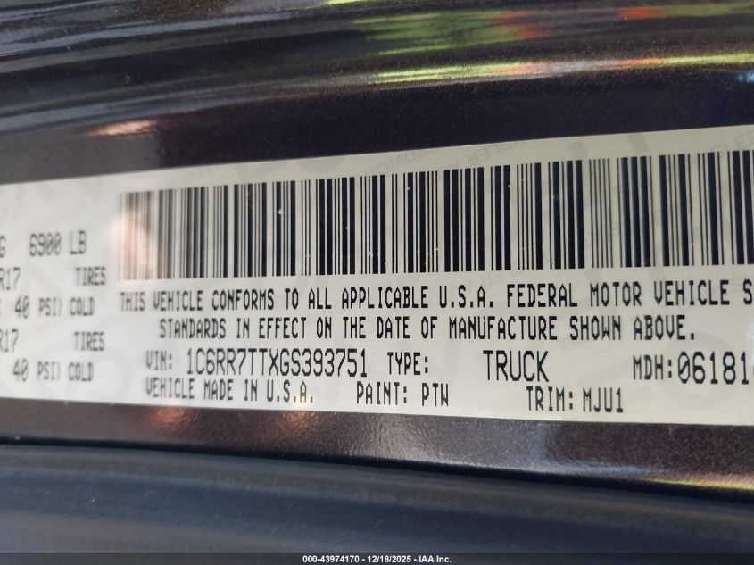 2016 Ram 1500 Big Horn VIN: 1C6RR7TTXGS393751 Lot: 43974170