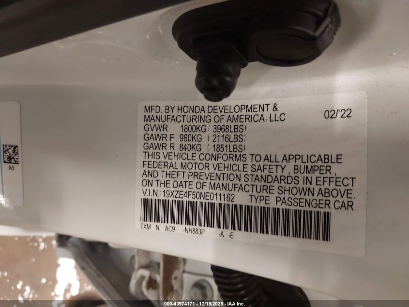 2022 Honda Insight Ex VIN: 19XZE4F50NE011162 Lot: 43974171