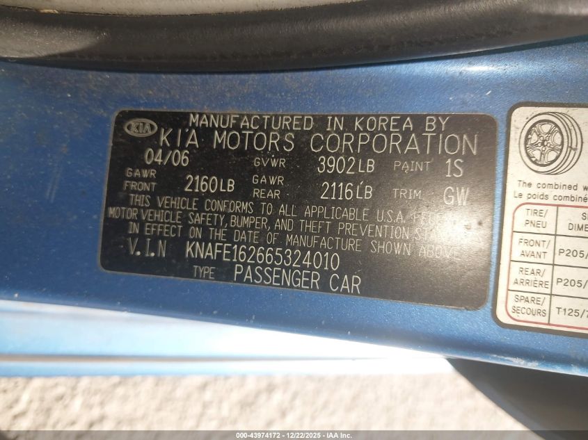 2006 Kia Spectra5 VIN: KNAFE162665324010 Lot: 43974172