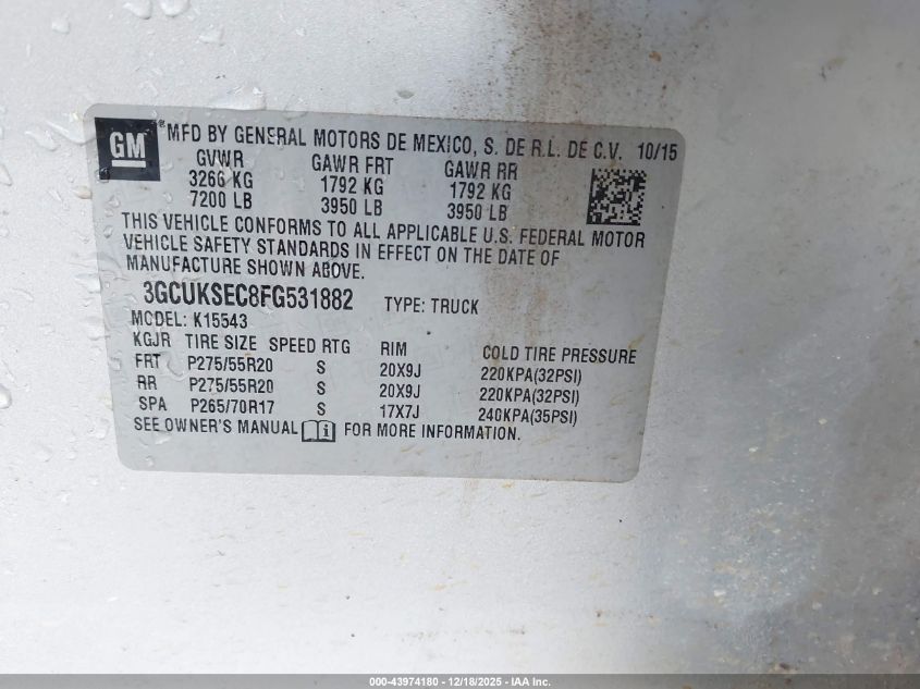 2015 Chevrolet Silverado 1500 2Lz VIN: 3GCUKSEC8FG531882 Lot: 43974180