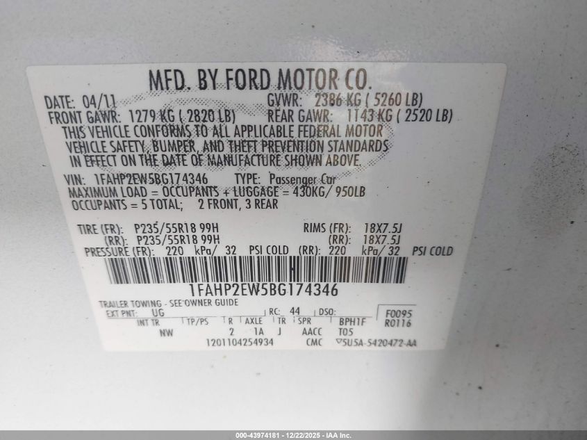 2011 Ford Taurus Sel VIN: 1FAHP2EW5BG174346 Lot: 43974181