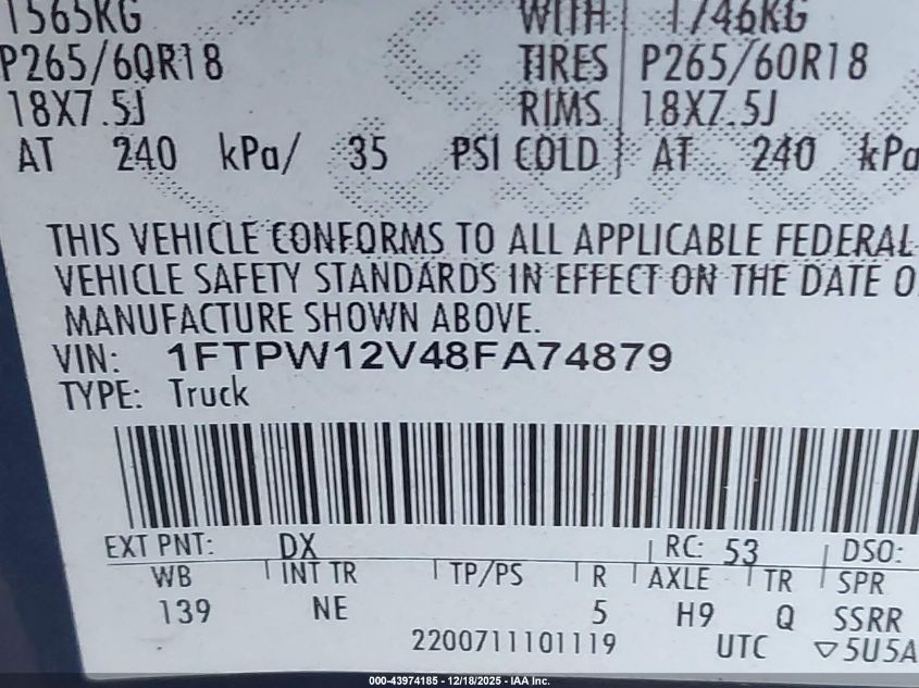 2008 Ford F-150 60Th Anniversary/Fx2/King Ranch/Lariat/Xlt VIN: 1FTPW12V48FA74879 Lot: 43974185