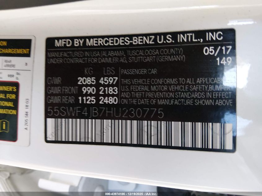 2017 Mercedes-Benz C 300 VIN: 55SWF4JB7HU230775 Lot: 43974186