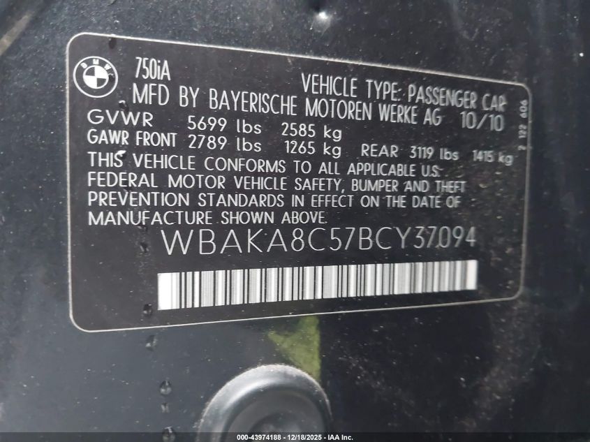 2011 BMW 750I VIN: WBAKA8C57BCY37094 Lot: 43974188