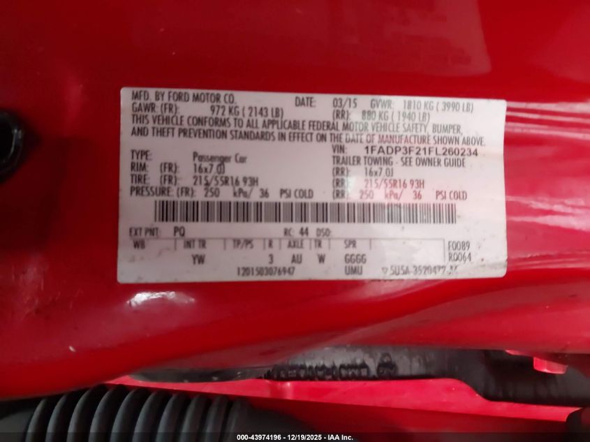 2015 Ford Focus Se VIN: 1FADP3F21FL260234 Lot: 43974196