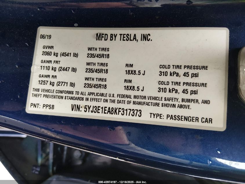 2019 Tesla Model 3 Long Range/Mid Range/Standard Range/Standard Range Plus VIN: 5YJ3E1EA8KF317373 Lot: 43974197