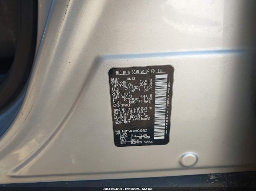 2019 Nissan Armada Sl VIN: JN8AY2ND8K9086892 Lot: 43974200