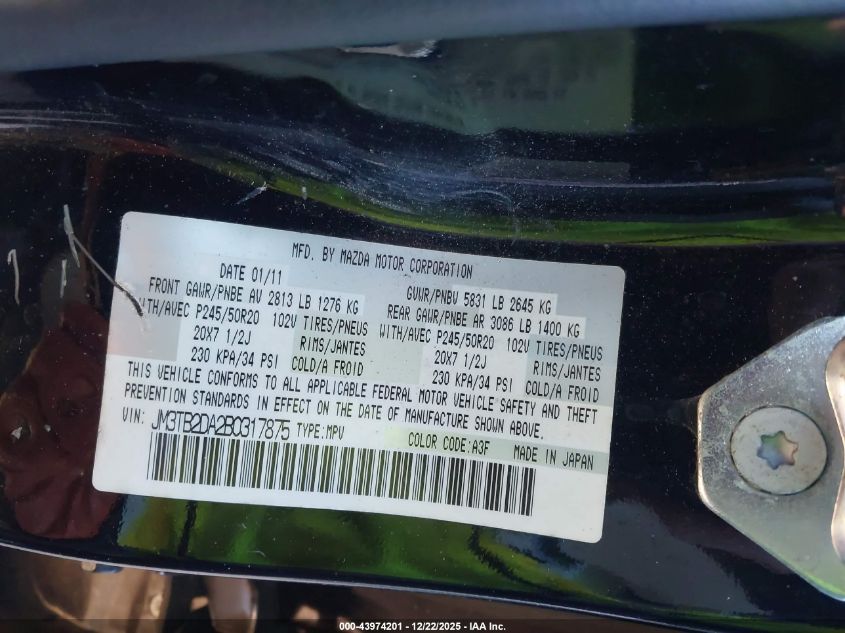 2011 Mazda Cx-9 Grand Touring VIN: JM3TB2DA2B0317875 Lot: 43974201