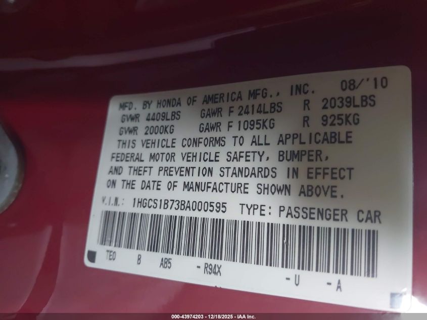 2011 Honda Accord 2.4 Ex VIN: 1HGCS1B73BA000595 Lot: 43974203