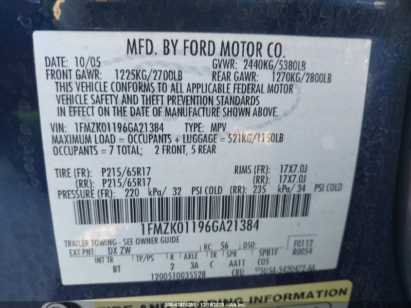 2006 Ford Freestyle Se VIN: 1FMZK01196GA21384 Lot: 43974205