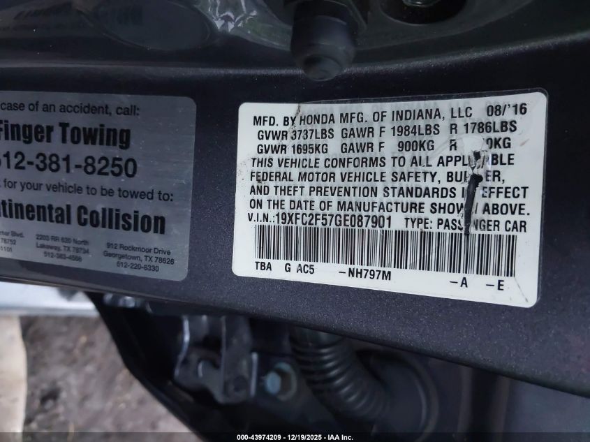 2016 Honda Civic Lx VIN: 19XFC2F57GE087901 Lot: 43974209