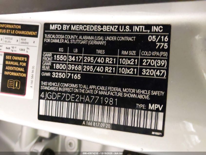 2017 Mercedes-Benz Gls 550 4Matic VIN: 4JGDF7DE2HA771981 Lot: 43974210