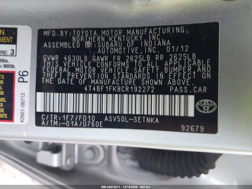 2012 Toyota Camry Le VIN: 4T4BF1FK8CR192272 Lot: 43974211