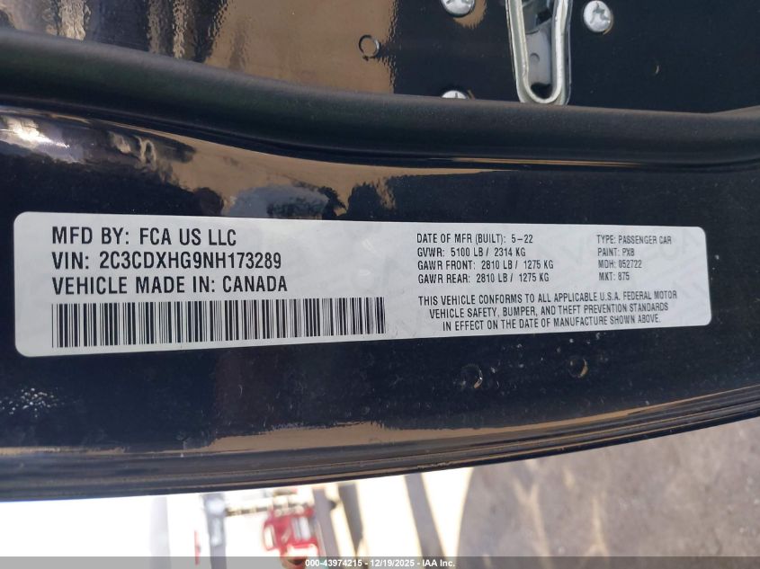 2022 Dodge Charger Gt Rwd VIN: 2C3CDXHG9NH173289 Lot: 43974215