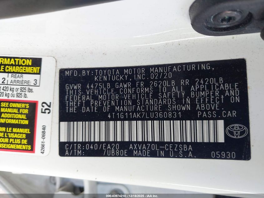 2020 Toyota Camry Se VIN: 4T1G11AK7LU360831 Lot: 43974218
