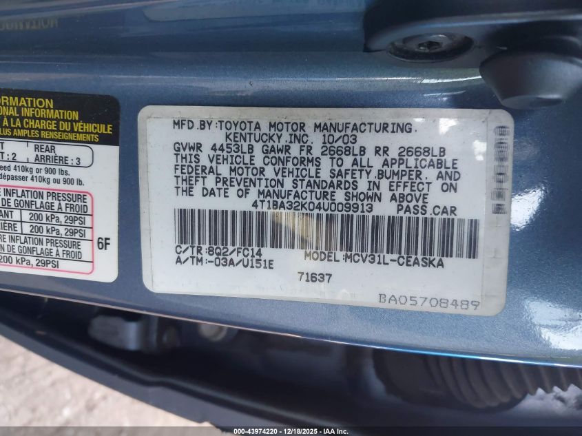 2004 Toyota Camry Se V6 VIN: 4T1BA32K04U009913 Lot: 43974220