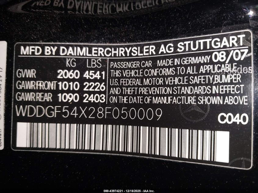 2008 Mercedes-Benz C 300 Luxury/Sport VIN: WDDGF54X28F050009 Lot: 43974221