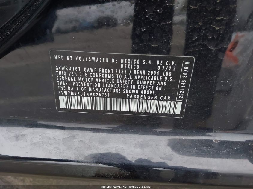 2022 Volkswagen Jetta 1.5T Se VIN: 3VW7M7BU7NM025751 Lot: 43974224