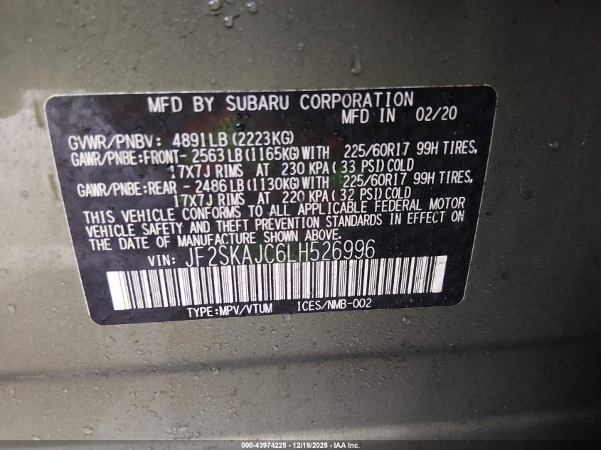 2020 Subaru Forester Premium VIN: JF2SKAJC6LH526996 Lot: 43974225