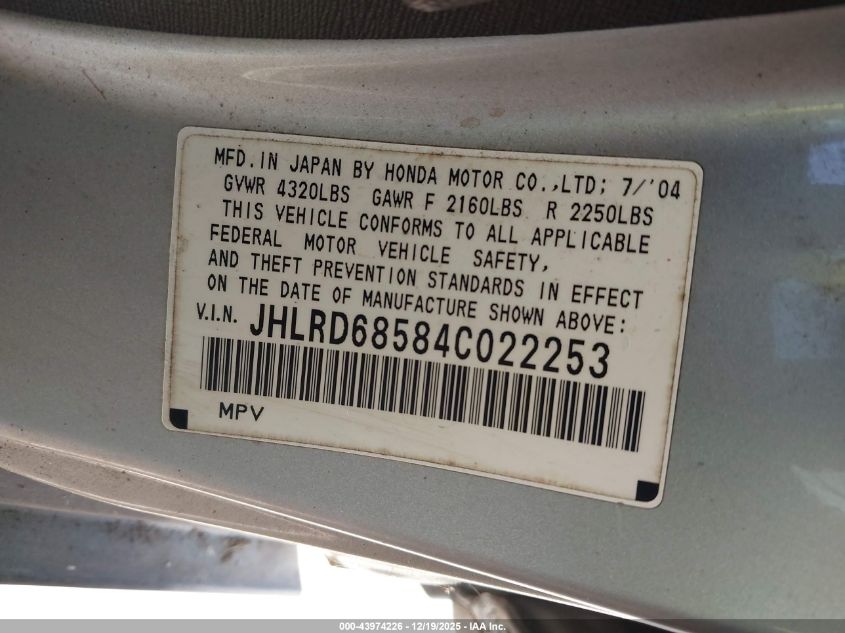 2004 Honda Cr-V Lx VIN: JHLRD68584C022253 Lot: 43974226