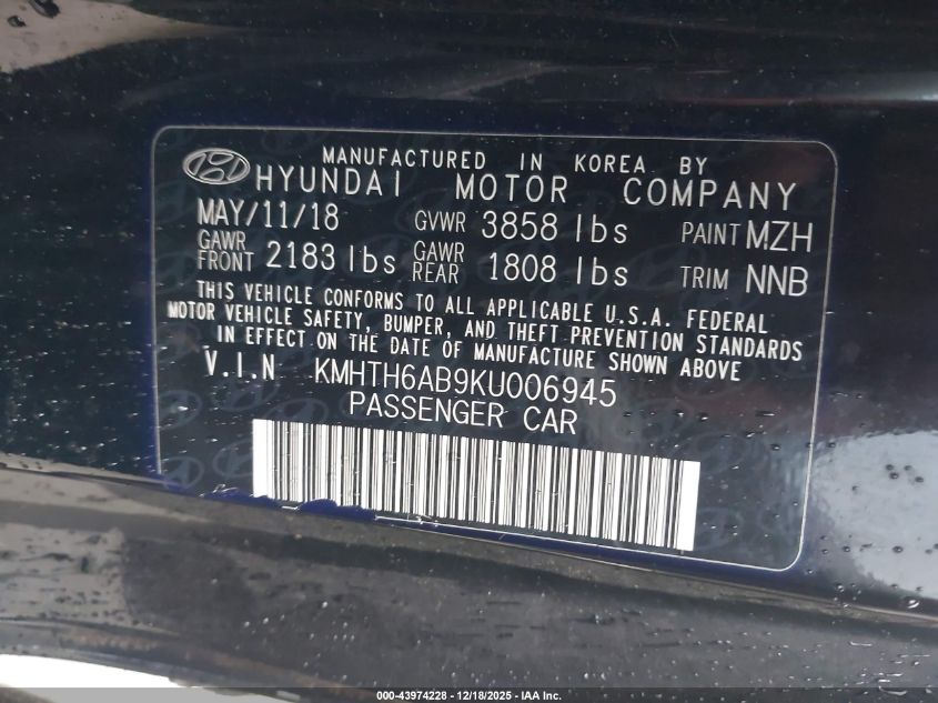 2019 Hyundai Veloster Turbo VIN: KMHTH6AB9KU006945 Lot: 43974228