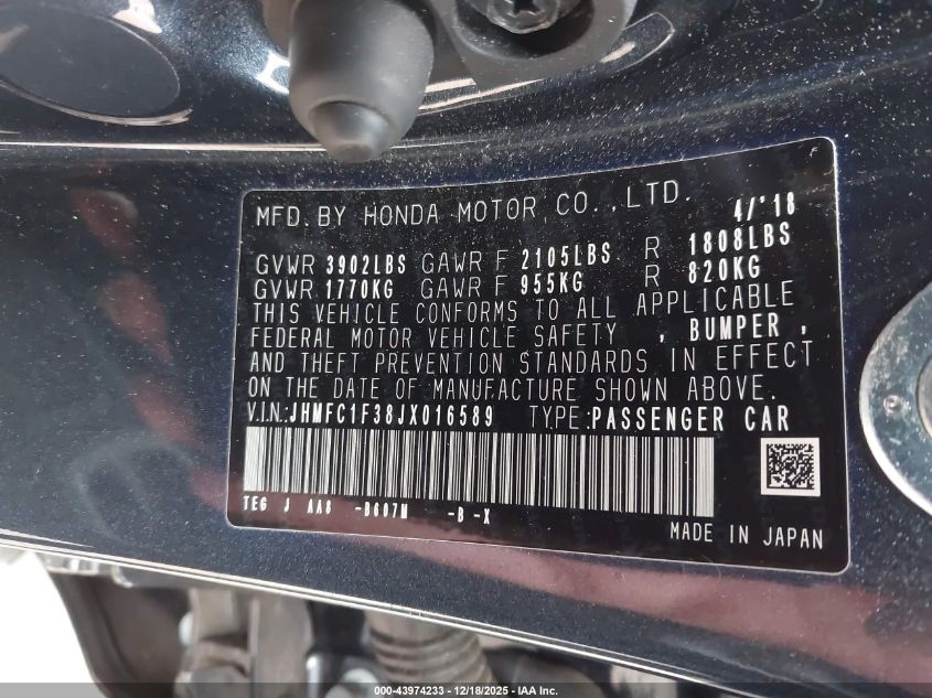 2018 Honda Civic Ex-T VIN: JHMFC1F38JX016589 Lot: 43974233