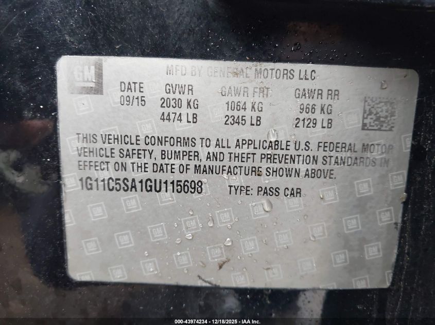 2016 Chevrolet Malibu Limited Lt VIN: 1G11C5SA1GU115698 Lot: 43974234