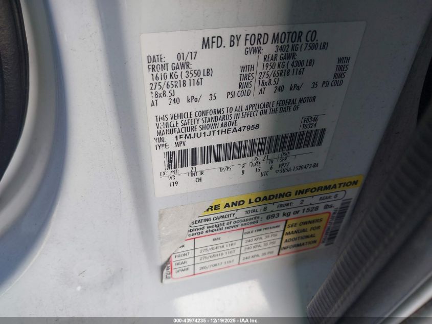 2017 Ford Expedition Xlt VIN: 1FMJU1JT1HEA47958 Lot: 43974235