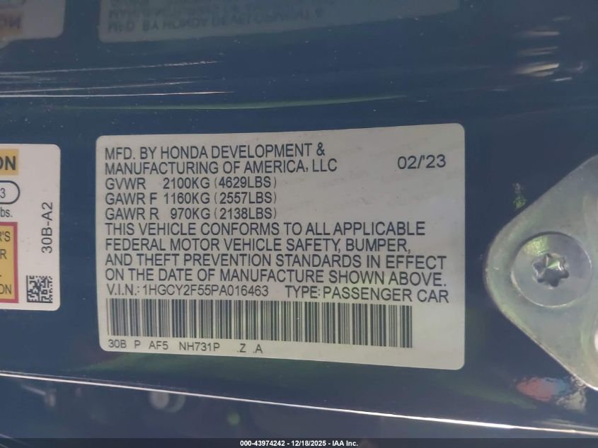 2023 Honda Accord Hybrid Sport VIN: 1HGCY2F55PA016463 Lot: 43974242