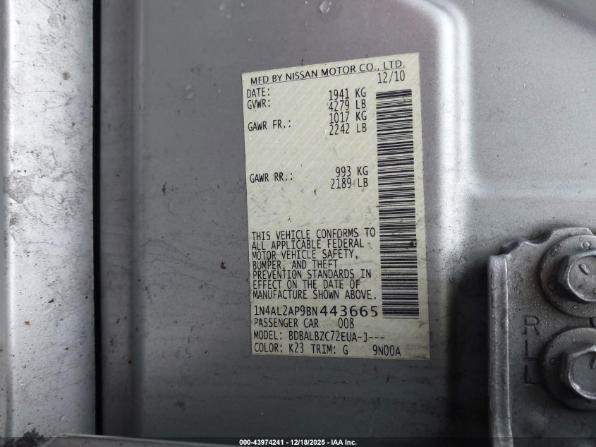 2011 Nissan Altima 2.5 S VIN: 1N4AL2AP9BN443665 Lot: 43974241