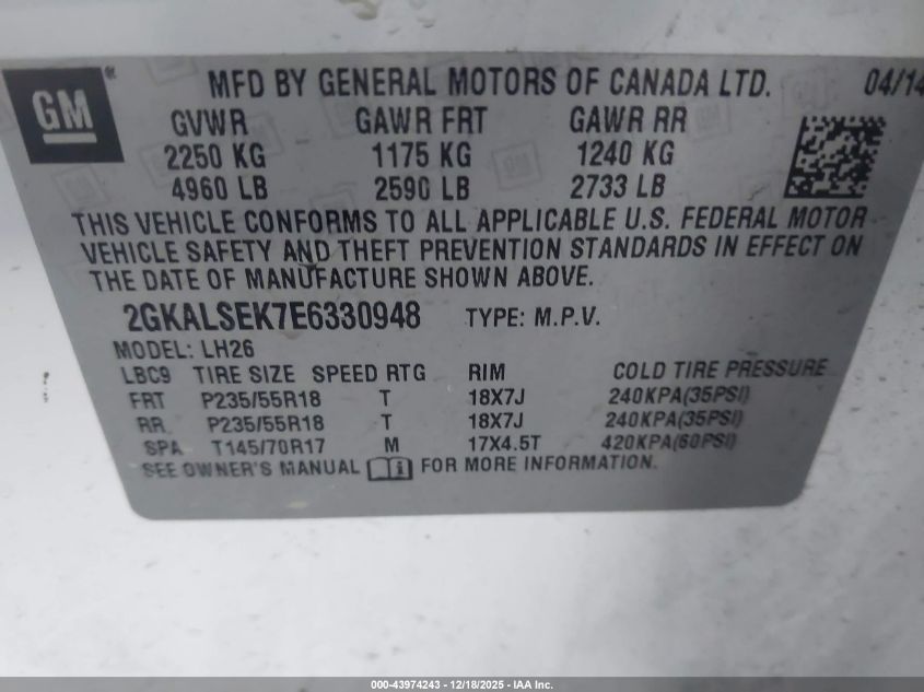 2014 GMC Terrain Slt-1 VIN: 2GKALSEK7E6330948 Lot: 43974243