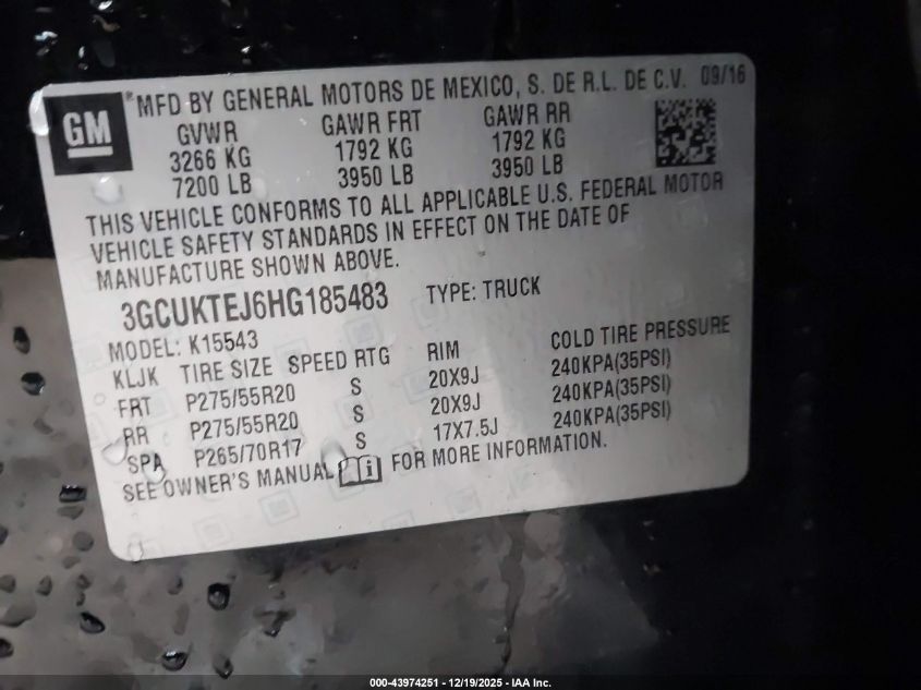 2017 Chevrolet Silverado 1500 High Country VIN: 3GCUKTEJ6HG185483 Lot: 43974251