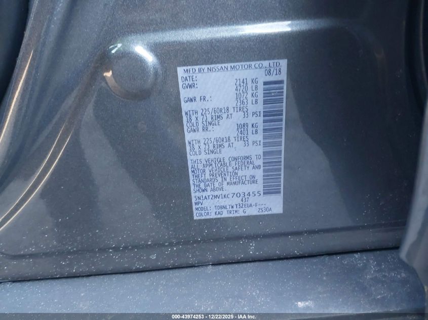 2019 Nissan Rogue Sv VIN: 5N1AT2MV1KC703455 Lot: 43974253