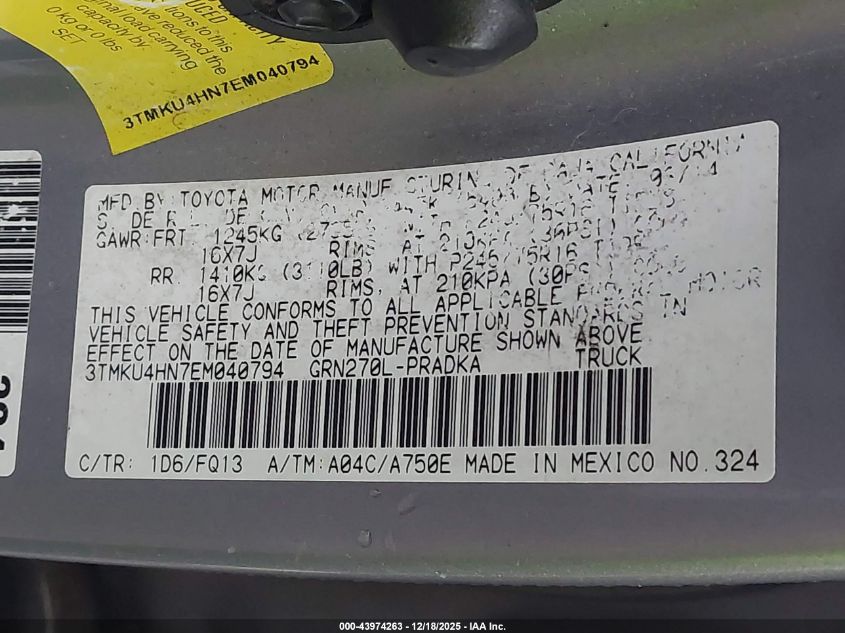 2014 Toyota Tacoma Prerunner V6 VIN: 3TMKU4HN7EM040794 Lot: 43974263