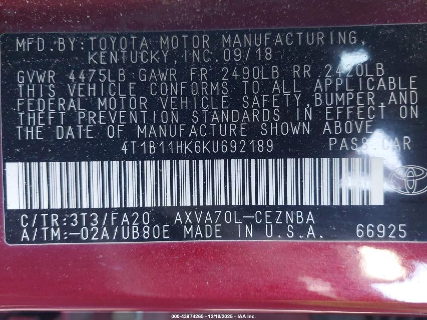 2019 Toyota Camry Le VIN: 4T1B11HK6KU692189 Lot: 43974265