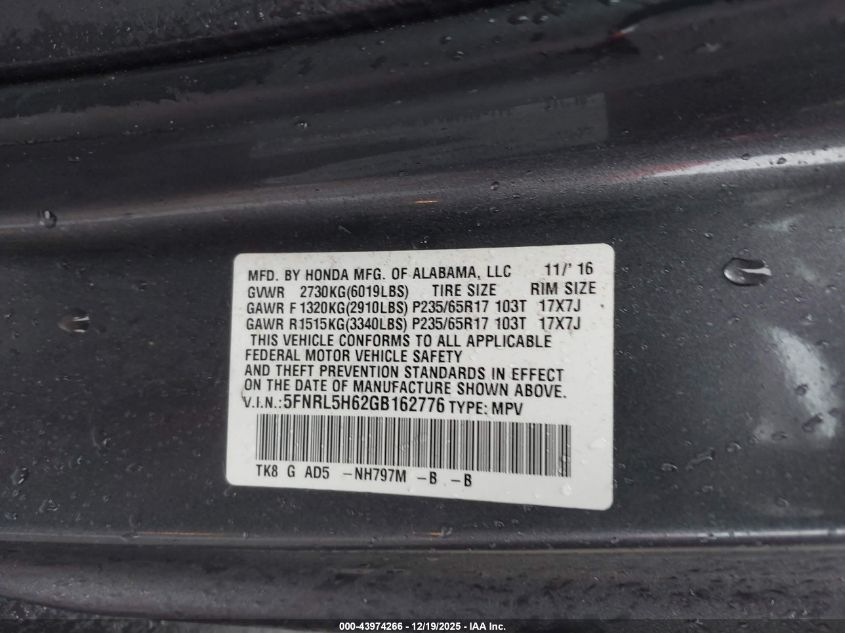 2016 Honda Odyssey Ex-L VIN: 5FNRL5H62GB162776 Lot: 43974266