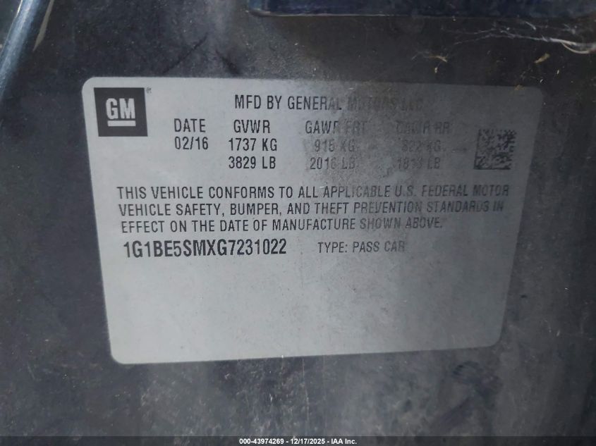 2016 Chevrolet Cruze Lt Auto VIN: 1G1BE5SMXG7231022 Lot: 43974269