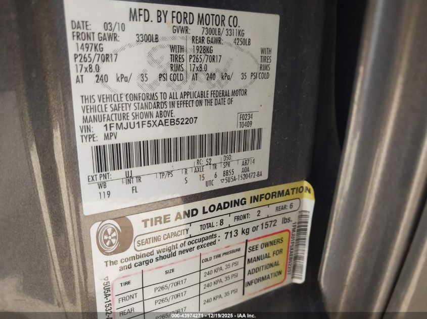 2010 Ford Expedition Xlt VIN: 1FMJU1F5XAEB52207 Lot: 43974271