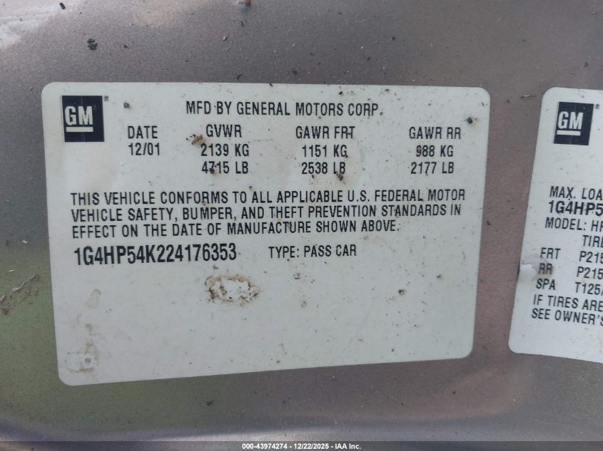 2002 Buick Lesabre Custom VIN: 1G4HP54K224176353 Lot: 43974274