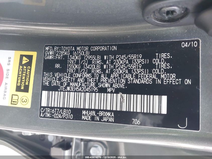 2010 Toyota Highlander Hybrid Limited V6 VIN: JTEJW3EH5A2045195 Lot: 43974276