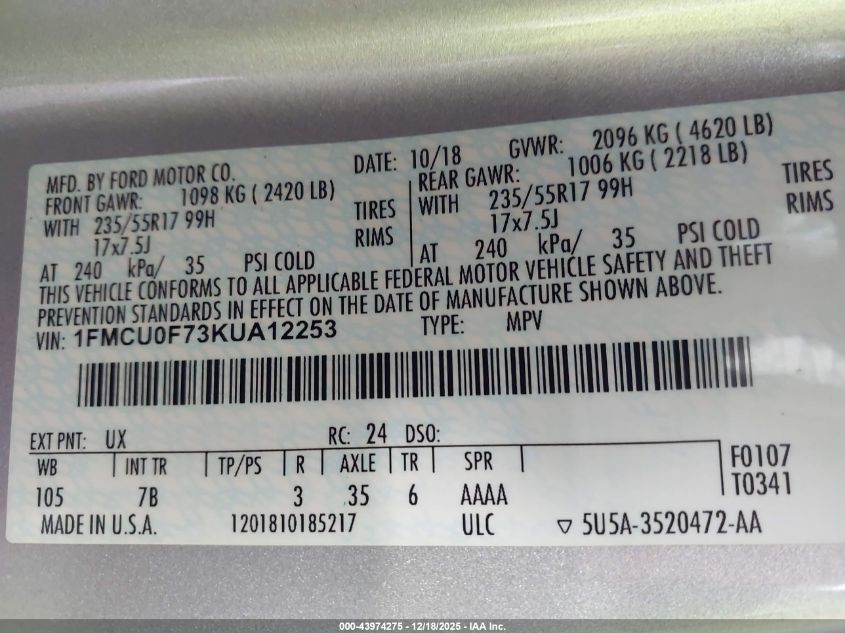 2019 Ford Escape S VIN: 1FMCU0F73KUA12253 Lot: 43974275