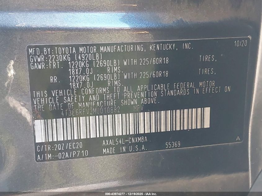 2021 Toyota Rav4 Hybrid Xse VIN: 4T3E6RFV2MU010882 Lot: 43974277