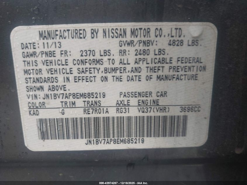 2014 Infiniti Q50 Premium VIN: JN1BV7AP8EM685219 Lot: 43974287