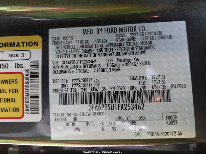 2015 Ford Fusion Energi Titanium VIN: 3FA6P0SU1FR253462 Lot: 43974288