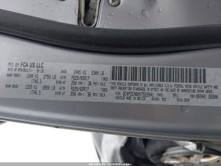 2017 Dodge Journey Se VIN: 3C4PDCABXHT522041 Lot: 43974291