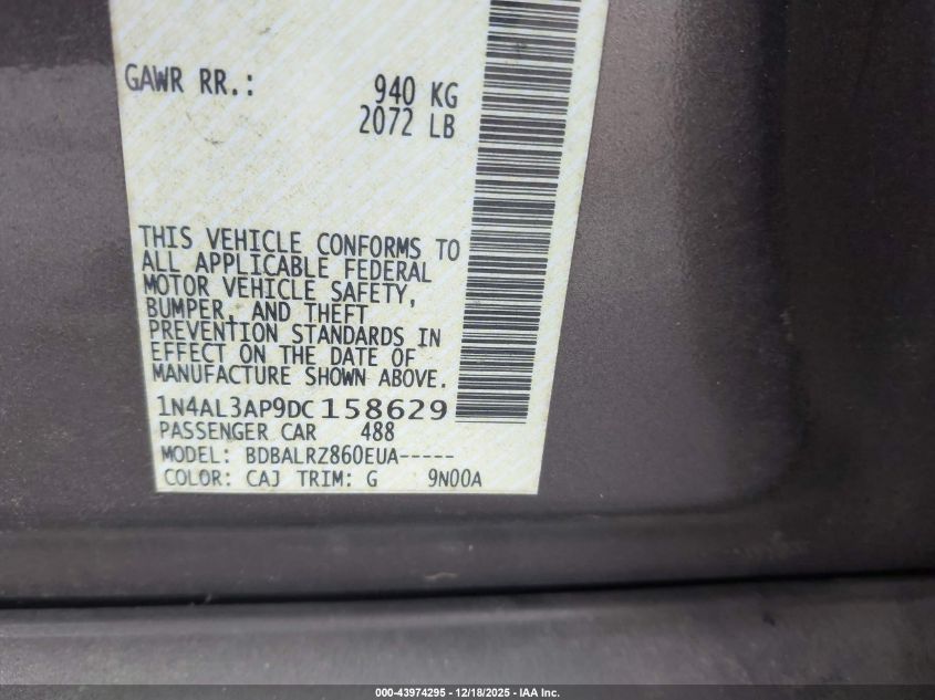 2013 Nissan Altima 2.5 S VIN: 1N4AL3AP9DC158629 Lot: 43974295